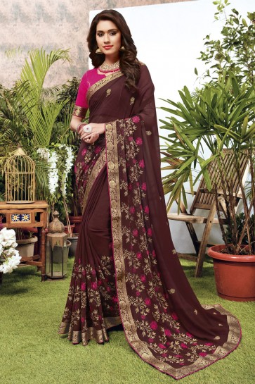 Georgette Satin Fabric Embroidered Designer Brown Lovely Saree And Blouse