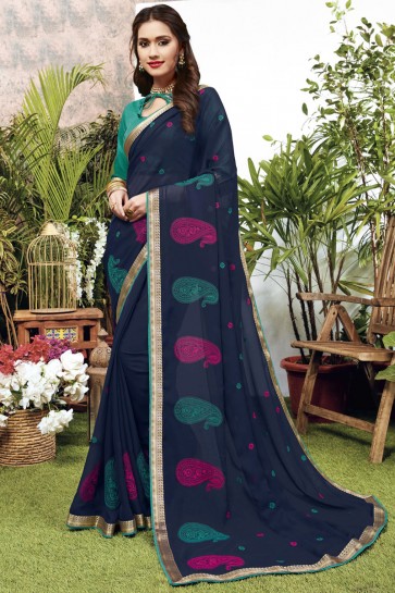 Navy Blue Georgette Satin Fabric Embroidered Designer Saree And Blouse