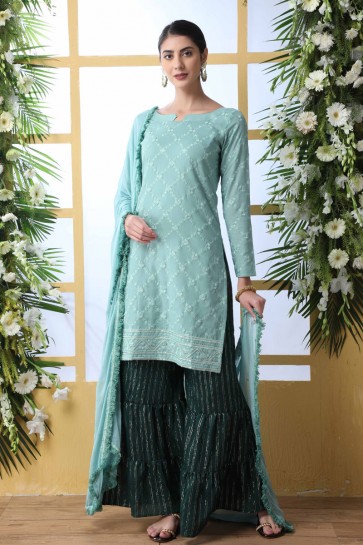 Embroidered And Thread Work Cyan Cotton Fabric Plazzo Suit Nazmin Dupatta