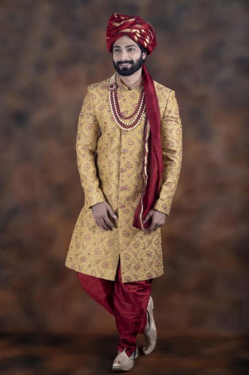 Charming Musterd Jacquard Fabric Sherwani