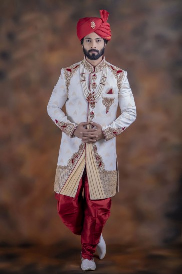 Stylish Off White Jacquard Fabric Sherwani