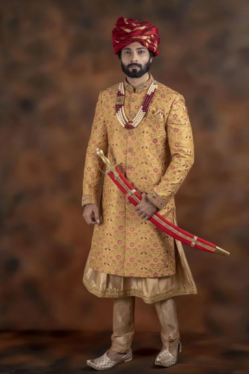 Optimum Yellow Jacquard Fabric Sherwani