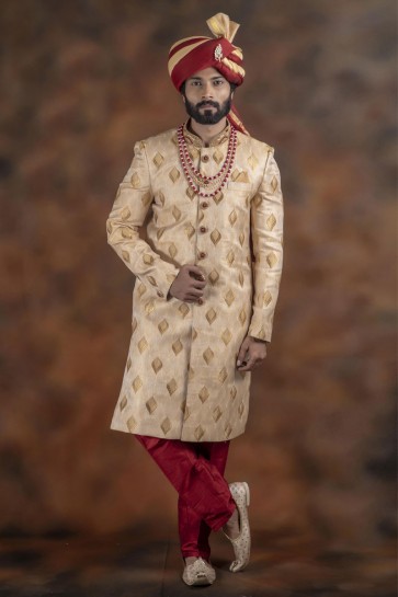 Admirable Golden Jacquard Fabric Sherwani