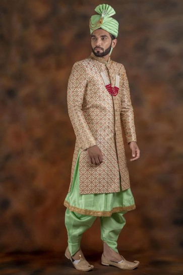 Excellent Light Green Jacquard Fabric Sherwani