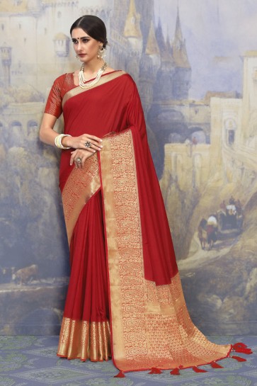 Red Silk Fabric Weaving Work And Jacquard Work Designer Saree And Blouse