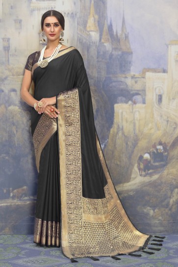 Stunning Black Silk Fabric Designer Weaving Work And Jacquard Work Saree And Blouse