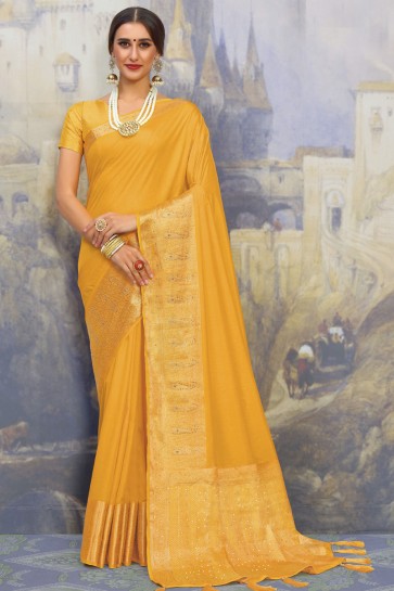Silk Fabric Yellow Weaving Work And Jacquard Work Designer Saree And Blouse