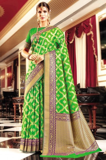Banarasi Silk Fabric Weaving Work And Jaquard Work Designer Green Lovely Saree And Blouse