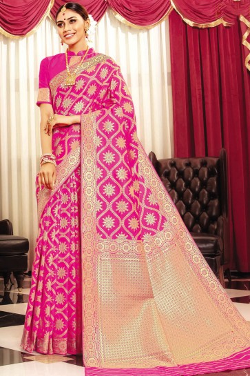 Optimum Weaving Work And Jaquard Work Pink Banarasi Silk Fabric Designer Saree And Blouse
