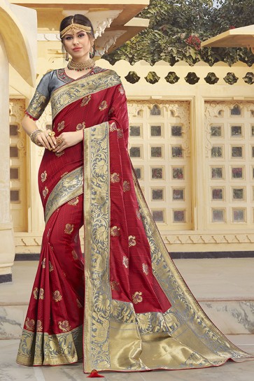 Optimum Embroidered And Weaving Work Maroon Silk Fabric Designer Saree And Blouse