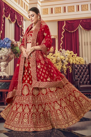 Red Embroidered Satin Fabric Designer Lehenga Choli With Net Dupatta