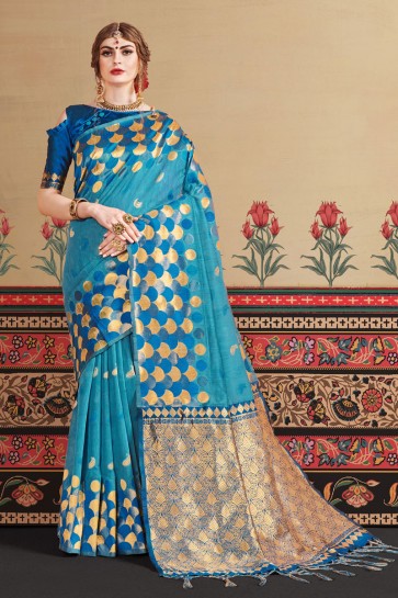 Weaving Work And Jacquard Work Sky Blue Art Silk Fabric Saree With Silk Blouse
