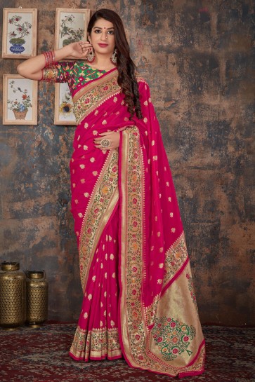 Jaquard Work And Weaving Work Pink Banarasi Silk Fabric Saree And Blouse