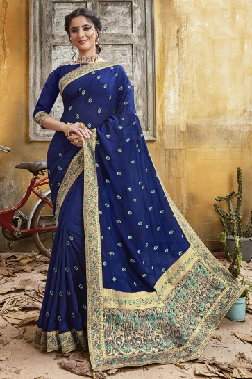 Chanderi Silk Fabric Blue Embroidery And Border Work Designer Saree And Blouse