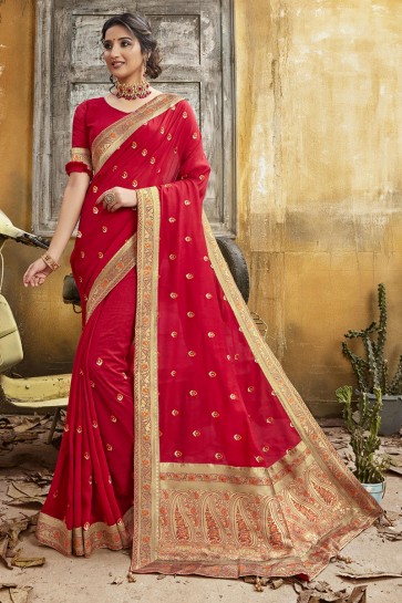 Embroidery And Border Work Red Chanderi Silk Fabric Saree And Blouse
