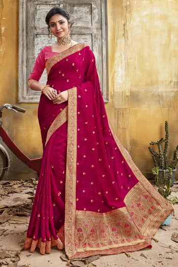 Pink Chanderi Silk Fabric Embroidery And Border Work Designer Saree And Blouse