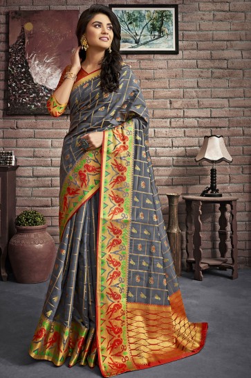 Grey Jacquard And Silk Fabric Thread Work Designer Saree With Silk Blouse