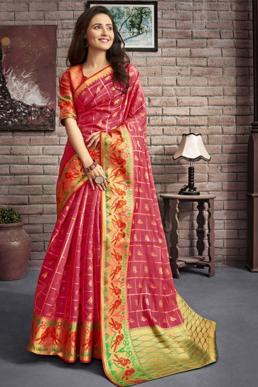 Jacquard And Silk Fabric Thread Work Designer Pink Lovely Saree With Silk Blouse