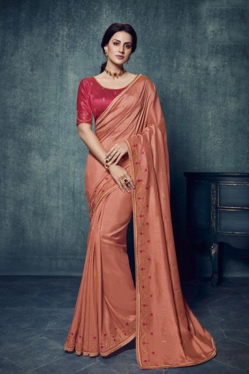 Peach Silk Fabric Embroidered Saree And Blouse