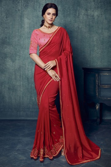 Embroidered Designer Red Silk Fabric Saree And Blouse
