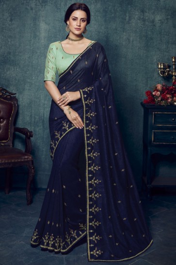Navy Blue Silk Fabric Embroidered Saree And Blouse