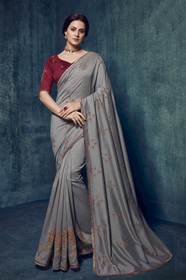 Stunning Silver Silk Fabric Embroidered Saree And Blouse