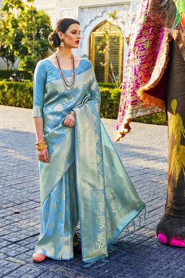 Stunning Sky Blue Silk Fabric Designer Jacquard Work And Weaving Work Saree And Blouse