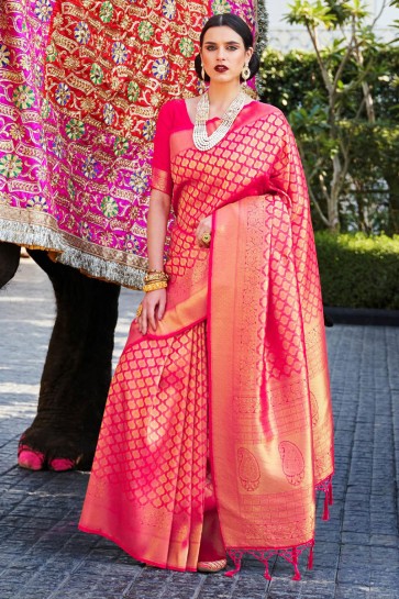 Silk Fabric Jacquard Work And Weaving Work Designer Pink Lovely Saree And Blouse
