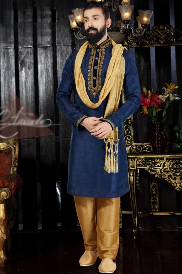 Embroidery And Hand Work Navy Blue Dhupion Fabric Indo Western