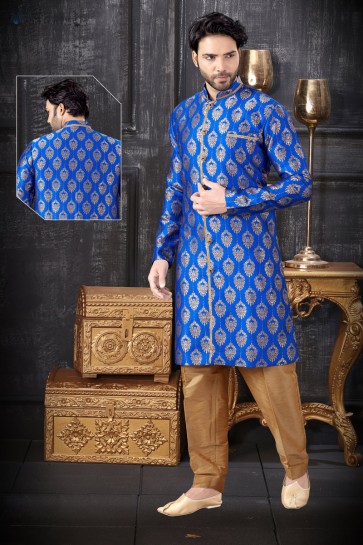 Royal Blue Jacquard Fabric Indo Western With Art Silk Bottom