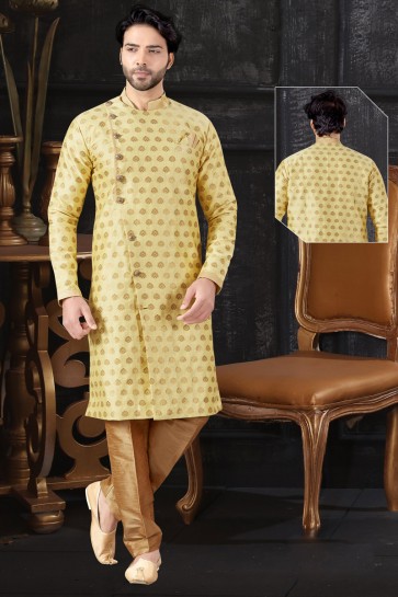 Jacquard Fabric Yellow Designer Indo Western With Art Silk Bottom