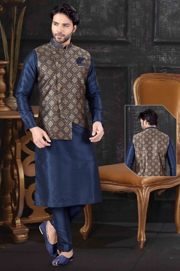 Designer Navy Blue Art Silk Fabric Indo Western With Brown Jacquard Fabric Jacket
