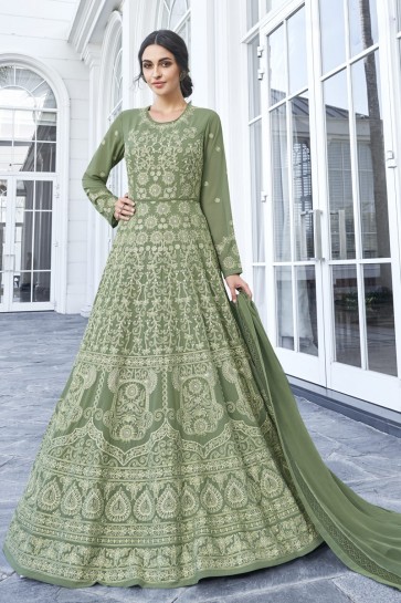 Mehendi Green Georgette Embroidered Abaya Style Anarkali Suit With Nazmin Dupatta