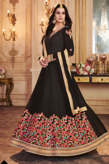 Excellent Black Georgette Designer Anarkali Salwar Suit With Nazmin Dupatta