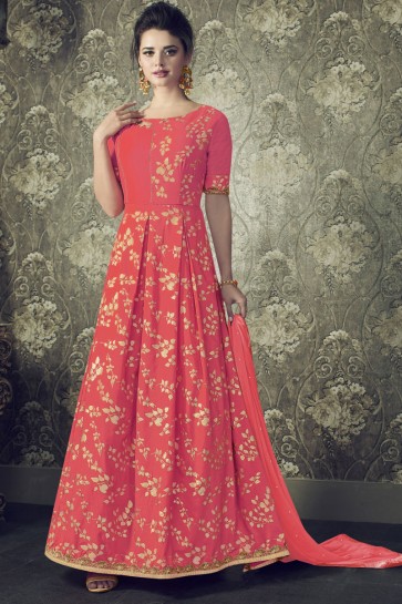 Pink Silk Designer Embroidered Anarkali Salwar Suit With Nazmin Dupatta