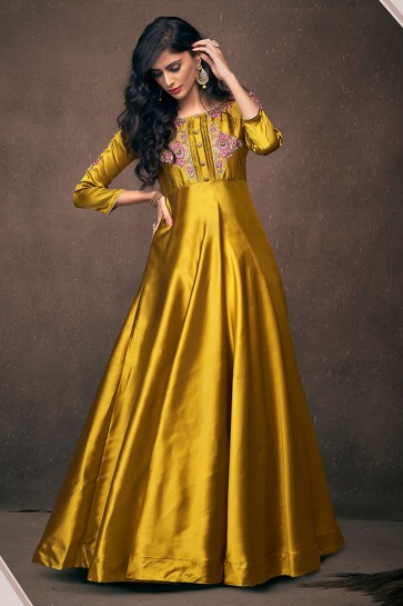 Gorgeous Golden Satin and Silk Embroidered Designer Gown