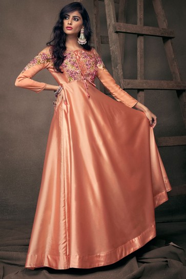 Stylish Peach Satin and Silk Embroidered Long Length Designer Gown