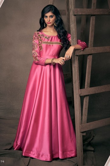 Charming Pink Satin and Silk Designer Embroidered Gown