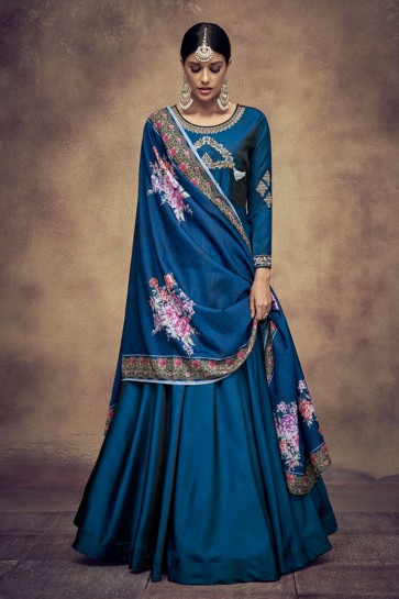 Embroidered Navy Blue Satin and Silk Anarkali Salwar Suit With Maslin Dupatta