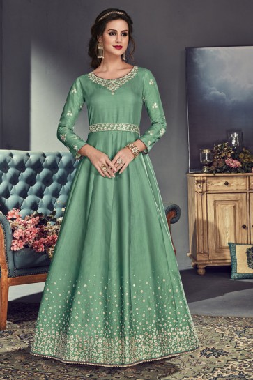 Lovely Green Silk Anarkali Salwar Suit With Organza Dupatta