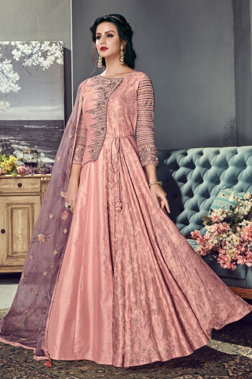 Charming Peach Silk Embroidered Anarkali Salwar Suit With Organza Dupatta