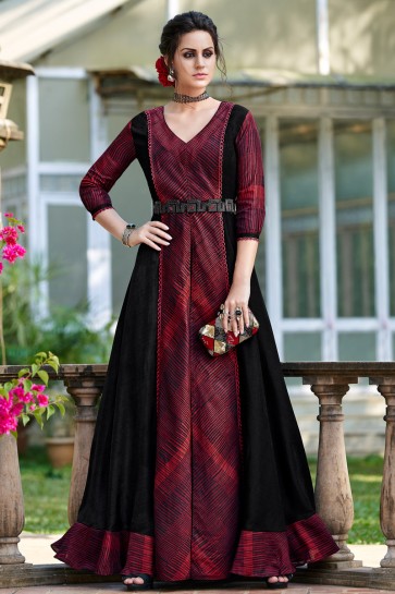 Fascinating Embroidery Work Maroon And Black Tussar Silk Fabric Superb Gown