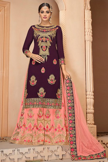 Delightful Maroon Embroidered And Stone Work Georgette Salwar Suit With Net Dupatta