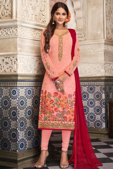 Beautiful Peach Digital Print And Embroidered Georgette Salwar Suit With Nazmin Dupatta