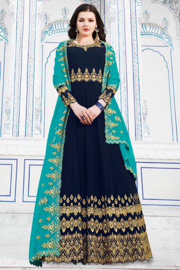 Gorgeous Georgette Navy Blue Embroidery Work Designer Salwar Suit And Dupatta