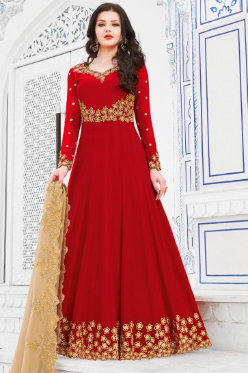 Party Wear Red Embroidered Salwar Kameez With Georgette Dupatta