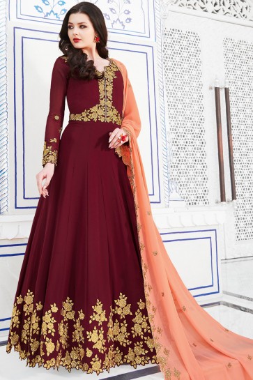 Delicate Embroidery Work Maroon Salwar Suit With Georgette Dupatta