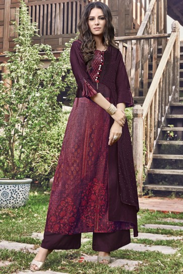 Stylish Jacquard Embroidered And Printed Maroon Plazzo Suit