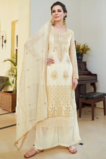 Party Wear Embroidered And Stone Work Off White Organza Plazzo Suit