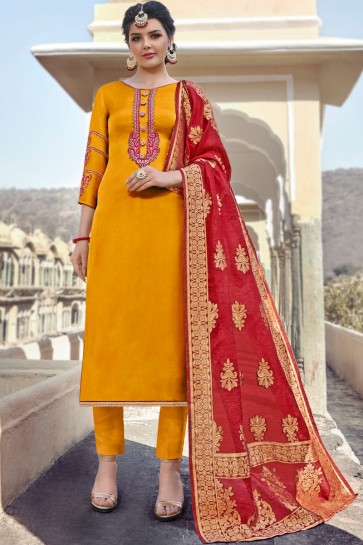 Elegant Mustard Stone Work And Embroidered Salwar Suit With Chiffon Dupatta